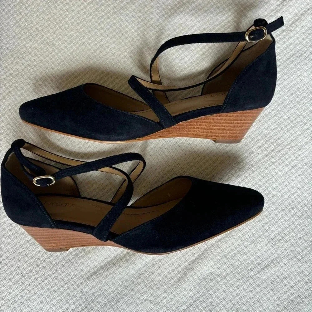Talbots Wedges Size 7 Navy Laney Crisscross Suede Preppy Career City Timeless - Picture 8 of 9